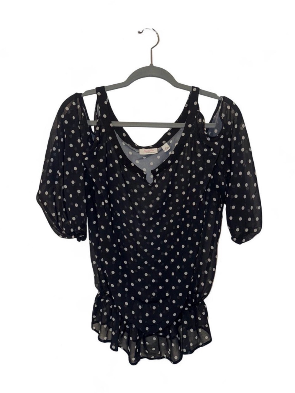 New York & Company Black Polka Dot Cold-Shoulder Blouse